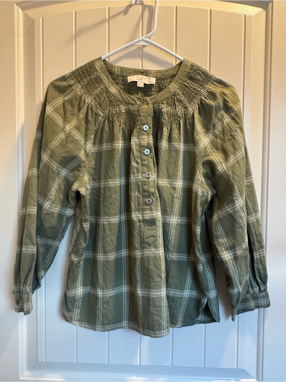 LOFT Olive Plaid Smocked Yoke Popover Blouse